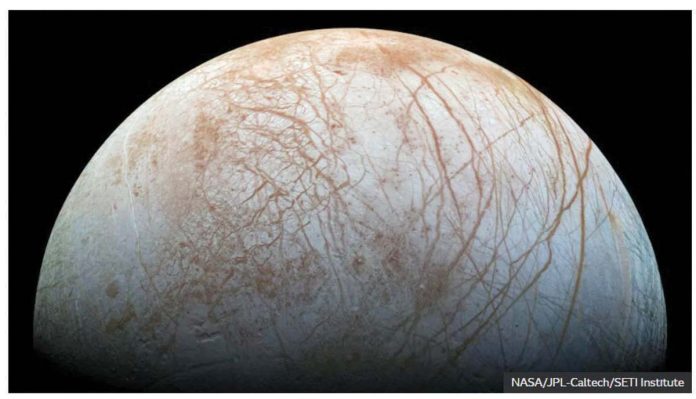 US_1_resized The strange surface of Europa – one of Jupiter’s icy moons – captured by Galileo spacecraft in the 1990s. GETTY IMAGES