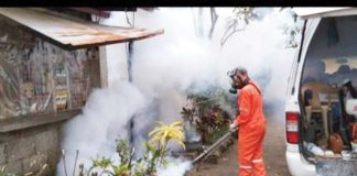 A staff of the Bacolod City Health Office conducts fogging in one of the villages with reported dengue cases in this undated photo. BACOLOD CITY PIO PHOTO