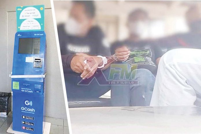 e-tap-robbery Police arrested two of the three suspects (right photo) who carted away around P340,190 in cash from an e-tap (electronic transfer and advance processing) machine outside a mall in Barangay Danao, City Proper in Iloilo City. XFM RADYO PATROL ILOILO PHOTOS