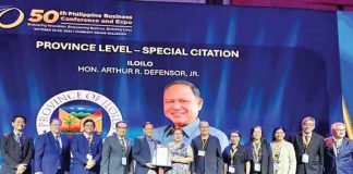 Gov. Arthur Defensor Jr. accepts Iloilo Province’s award as second Most Business-Friendly Province in the country during the 50th Philippine Business Conference and Expo (PBC&E) and the 2024 Most Business-Friendly Awards ceremony, held at the Marriott Grand Ballroom in Pasay City on October 22. CAPITOL PHOTO