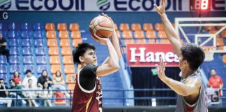 University of Perpetual Help Altas’ John Boral pulls up for a shot against the defense of Lyceum of the Philippines Pirates’ Ato Barba. Photo courtesy of NCAA/GMA sports