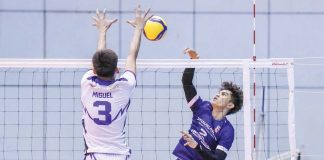 D’Navigators-Iloilo’s Kyle Villamor scores against the defense of Chichi DHTSI Brotherhood’s Matt Miguel. PHOTO COURTESY OF SPIKERS’ TURF