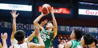 College of St. Benilde Blazers’ Justine Sanchez attempts a shot from close range. PHOTO COURTESY OF NCAA/GMA SPORTS