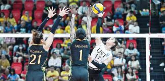 University of Santo Tomas Golden Tigresses’ Angeline Poyos tries to score against the defense of Far Eastern University Lady Tamaraws’ Faida Bakanke. PHOTO COURTESY OF V-LEAGUE