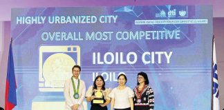Iloilo City was hailed as the “Overall Most Competitive” highly urbanized city by the Department of Trade and Industry (DTI) Region 6. Photo shows Velma Jane Lao (second from left), head of the city’s Local Economic Development and Investment Promotion Office, receiving the award. Also in photo are Jo-Dann N. Darong, Assistant Director of the Bureau of Competitive Development, DTI-6 director Rachel Nufable and DTI-Iloilo director Ma. Dinda R. Tamayo. DTI-6 PHOTO