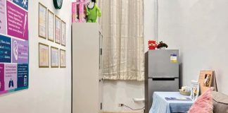 This lactation room at the Iloilo Provincial Capitol has a two-seater sofa, outlets for electric breast pumps, a refrigerator for breast milk storage, a clean flat surface for breastfeeding essentials, and adequate lighting and ventilation. PHOTO BY APPLE LOQUINTO/ WVSU INTERN VIA BALITA HALIN SA KAPITOLYO