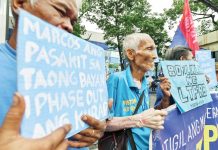 Public Utility Vehicle operators gather outside the Land Transportation Franchising and Regulatory Board Central Office in Quezon City on Aug. 27, 2024, to file petitions and affidavits seeking to withdraw from the government-mandated consolidation program. MARIA TAN/ABS-CBN NEWS PHOTO