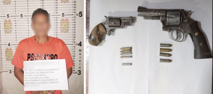 A 49-year-old man landed in jail for creating a public scandal and possessing unlicensed guns on Tuesday night, Nov. 19, 2024, in Barangay Felisa, Bacolod City. BCPO PHOTOS