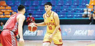 National University Bulldogs’ Jolo Manansala gestures after making a three-point shot. UAAP PHOTO