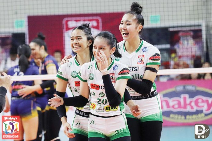 sports-Laput Shevana Laput (right) and De La Salle University Lady Spikers are moving on to Shakey’s Super League Collegiate Pre-season Championship finals. PHOTO COURTESY OF D-DAY PH/SSL