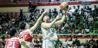 College of St. Benilde Blazers’ Allen Liwag soars for a layup. NCAA/GMA SPORTS
