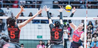Creamline Cool Smashers’ Alyssa Valdez tries to score against the defense of Ilongga Aiza Maizo-Pontillas of Petro Gazz Angels. PVL PHOTO