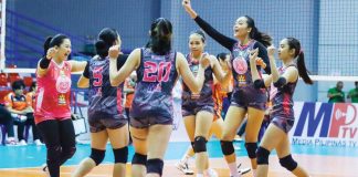 Members of Biñan Tatak Gel 1-Pacman Partylist Volley Angels celebrate their straight set win over San Juan-Go for Gold Lady Knights. MPVA PHOTO