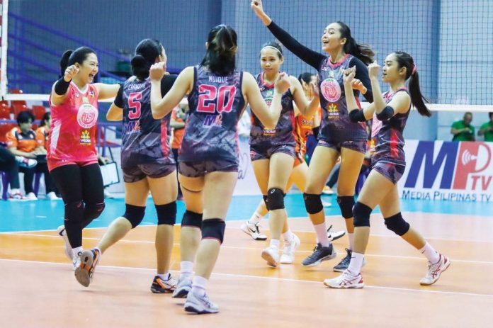sports_Negrense_resized Members of Biñan Tatak Gel 1-Pacman Partylist Volley Angels celebrate their straight set win over San Juan-Go for Gold Lady Knights. MPVA PHOTO