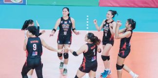 Quezon Tangerines’ players celebrate after their come-from-behind win over Biñan Tatak Gel 1-Pacman Partylist Volley Angels in Game 1 of the MPVA Finals. MPVA PHOTO