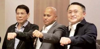 Four committees of the House of Representatives officially recommended that former president Rodrigo Duterte (1st from left) should be charged for crimes against humanity over the killings of about 30,000 people in the name of his war on drugs, and that his allies, senators Ronald dela Rosa (center) and Bong Go, should also be charged with him.