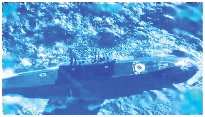 PBBM-1 Contributed photo shows the Russian Navy’s Ufa submarine surfacing on Philippine waters Thursday last week, November 28. The 74-meter-long vessel is capable of firing Kalibr cruise missiles, which were used recently against Ukraine.