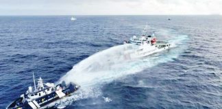 Using water cannon, a Chinese ship harasses a Philippine vessel conducting a routine maritime patrol within Bajo de Masinloc in the West Philippine Sea on Wednesday morning. PHOTO COURTESY OF PCG, NTF-WPS