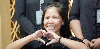 Mary Jane Veloso, who was on death row in Indonesia and was nearly executed by firing squad in 2015, makes a heart sign during a press conference before her repatriation to the Philippines, at Soekarno-Hatta International Airport in Tangerang, Indonesia on Dec. 17. AP