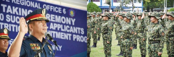 new_cops_1_resized NEW GUARDIANS OF PEACE. Police Brigadier General Jack Wanky, Region 6 police director, administers the oath of office to 360 neophyte police officers at the Police Regional Office 6 in Iloilo City, marking the start of their journey in public service. PRO-6 PHOTO