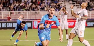 Philippines’ Bjorn Kristensen celebrates after connecting his penalty against Myanmar. PHOTO COURTESY OF MAUPHOTOGZ