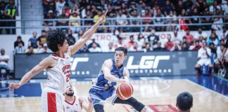 Hong Kong Eastern’s Chan Siu Wing looks to pass the ball after being defended by Barangay Ginebra San Miguel Kings’ Japeth Aguilar. PBA PHOTO