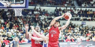 Barangay Ginebra San Miguel Kings’ Earl Scottie Thompson skies for the offensive rebound. PBA PHOTO
