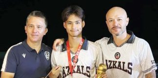 Coach Daniel Pastor, Head of International Training Area for Levante UD, with Joshua Gabriel Moleje, a talented young Azkals Development Academy U15 footballer from Bacolod City, and ADA founder, former Azkals team captain Stephan Schröck. CONTRIBUTED PHOTO