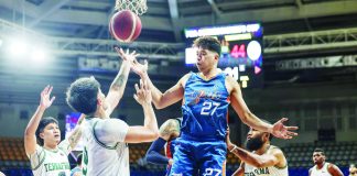 Jansen Rios converted a go-ahead three-pointer in Meralco Bolts; victory over Terrafirma Dyip. PBA PHOTO