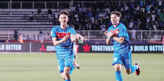 Philippine men’s football team’s Sandro Reyes celebrates after scoring the opening goal against Thailand. PFF PHOTO
