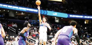 Washington Wizards’ Jordan Poole attempts a one-handed shot. AP