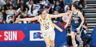University of Santo Tomas Growling Tigresses’ Karylle Sierba gestures after hitting a huge basket against the National University Lady Bulldogs. UAAP PHOTO