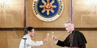 President Ferdinand Marcos Jr. and Apostolic Nuncio to the Philippines Archbishop Charles Brown propose a toast during the annual Vin D’ Honneur (wine of honor) for government officials and diplomatic corps at the Malacañan Palace on January 11, 2025. YUMMIE DINGDING, PPA