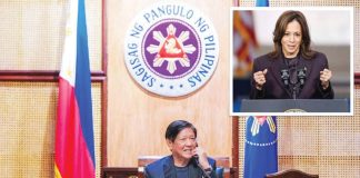 President Ferdinand “Bongbong” Marcos Jr. talks to US Vice President Kamala Harris (inset) over the phone on January 14, 2025. “It is extremely important to me and to the United States that we reaffirm the commitment to the defense of the Philippines including the South China Sea,” says Harris. PCO