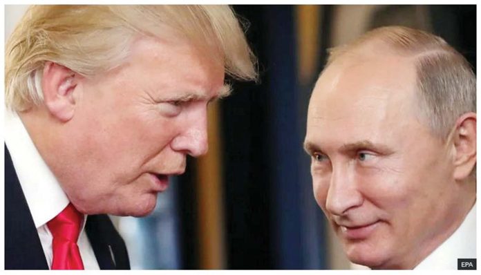 President Donald Trump of the United States and President Vladimir Putin of Russia speak at a conference in 2017. EPA