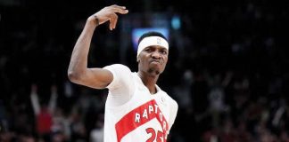 Chris Boucher gestures after hitting a timely three-pointer in Toronto Raptors’ upset win over the Golden State Warriors. Photo courtesy of Nathan Denette/CP