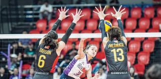 Choco Mucho Flying Titans’ Cherry Rondina scores against two PLDT High Speed Hitters defenders. PVL PHOTO
