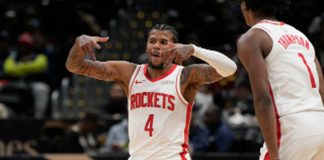 Filipino-American guard Jalen Green of Houston Rockets gestures after a three-point conversion. PHOTO COURTESY OF THE CANADIAN PRESS