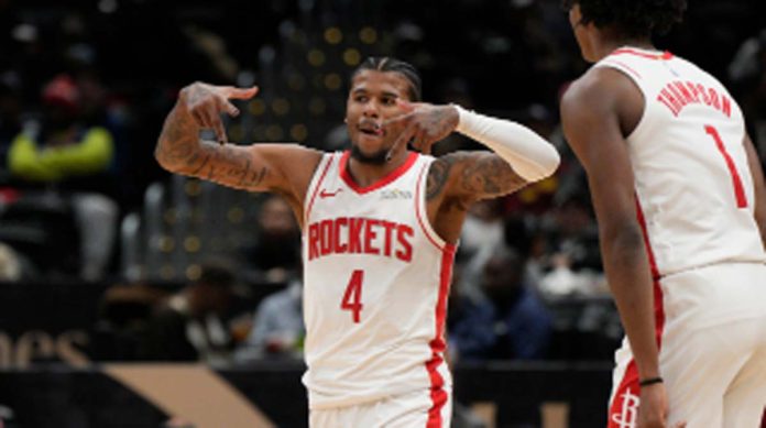 sports-Jalen Filipino-American guard Jalen Green of Houston Rockets gestures after a three-point conversion. PHOTO COURTESY OF THE CANADIAN PRESS