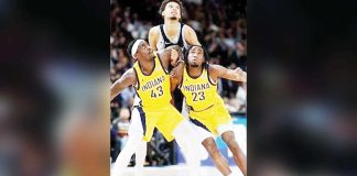 Indiana Pacers’ Paskal Siakam and Aaron Nesmith try to box out San Antonio Spurs center Victor Wembanyama. GETTY IMAGES