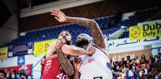 Strong Group Athletics-Pilipinas’ DeMarcus Cousins battles Beirut First’s Mohamad Ali Haidar for the rebound. PHOTO COURTESY OF DUBAI BASKETBALL CHAMPIONSHIP