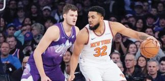 New York Knicks’ Karl-Anthony Towns attacks the defense of Utah Jazz’s Walker Kessler. AP