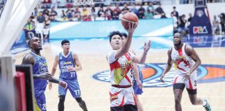San Miguel Beermen’s Juan Miguel Tiongson goes for a tough layup. PBA PHOTO