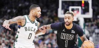 Brooklyn Nets guard D’Angelo Russell tries to get past the defense of Milwaukee Bucks guard Damian Lillard. AP PHOTO/MORRY GASH