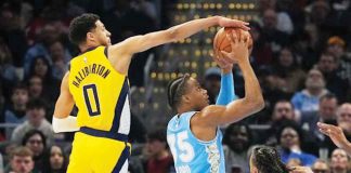 Indiana Pacers’ Tyrese Haliburton blocks the shot attempt of Cleveland Cavaliers’ Isaac Okoro. AP