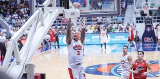 Barangay Ginebra San Miguel Kings’ Jamie Malonzo soars for a two-handed dunk. PBA PHOTO