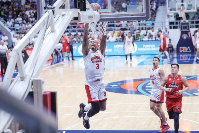 sports_PBA_resized Barangay Ginebra San Miguel Kings’ Jamie Malonzo soars for a two-handed dunk. PBA PHOTO