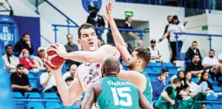 Zamboanga Valientes center Sam Deguara is clobbered by double teaming defense from Al Ahly Tripoli. Photo courtesy of Dubai Basketball Championships