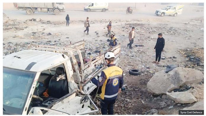 Syria_1_resized White Helmets first responders from the Syria Civil Defence inspect a bomb-damaged van in Manbij, northern Syria on February 3, 2025. Some of the 15 wounded were in a critical condition. SYRIA CIVIL DEFENCE