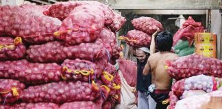 Workers unload bags of red onions inside a storage area in Divisoria market in Manila. Data from the Bureau of Plant Industry showed that red onion stocks in storage stood at 8,500 metric tons, while white onion stocks were at 1,628 metric tons as of mid-January. GEORGE CALVELO, ABS-CBN NEWS/FILE PHOTO